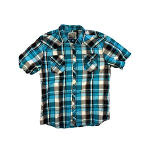 Buckle Black Blue Plaid Short Sleeve Snap Button Western Shirt XXL‎